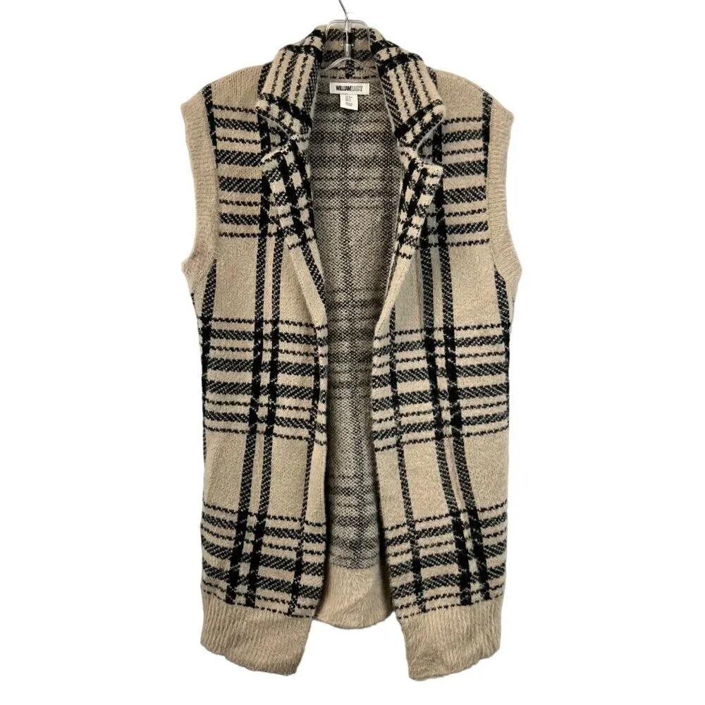 William Rast Sleeveless Collared Cardigan Beige/Black Plaid Size Small Fuzzy